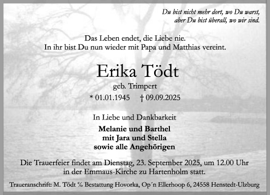 Traueranzeige von Erika Tödt von Umschau