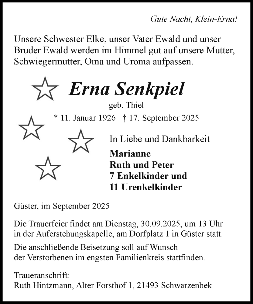  Traueranzeige für Erna Senkpiel vom 27.09.2025 aus MARKT Ratzeburg/Mölln