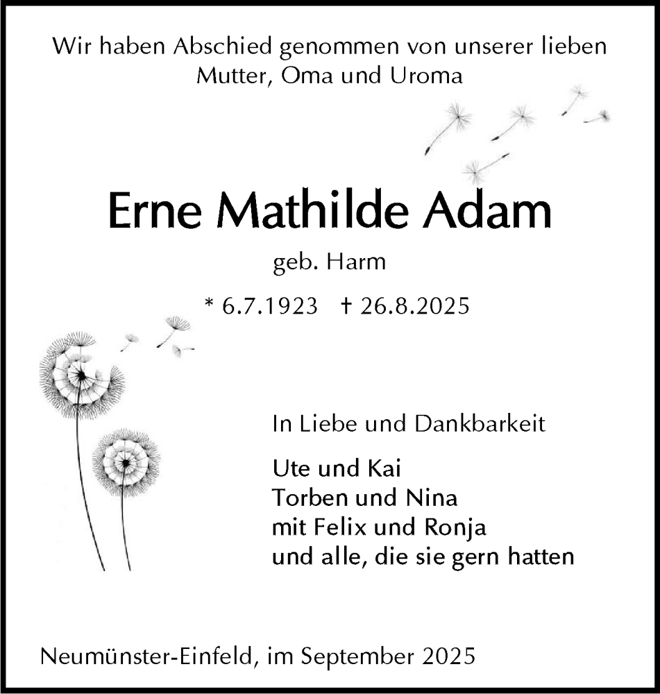  Traueranzeige für Erne Mathilde Adam vom 20.09.2025 aus Holsteinischer Courier