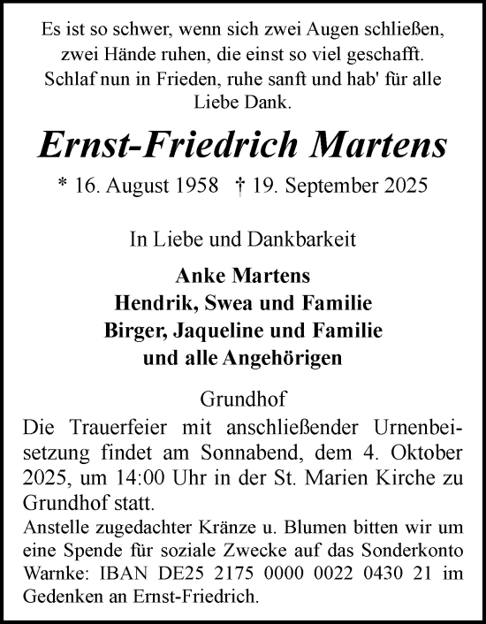 Traueranzeige von Ernst-Friedrich Martens von Flensburger Tageblatt