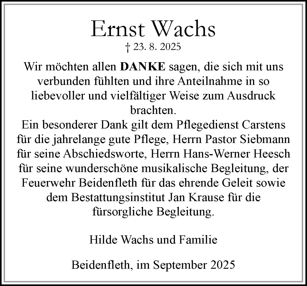  Traueranzeige für Ernst Wachs vom 27.09.2025 aus Norddeutsche Rundschau, Wilstersche Zeitung, Glückstädter Fortuna