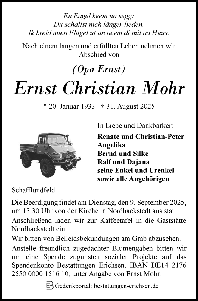  Traueranzeige für Ernst Christian Mohr vom 06.09.2025 aus Region Flensburg