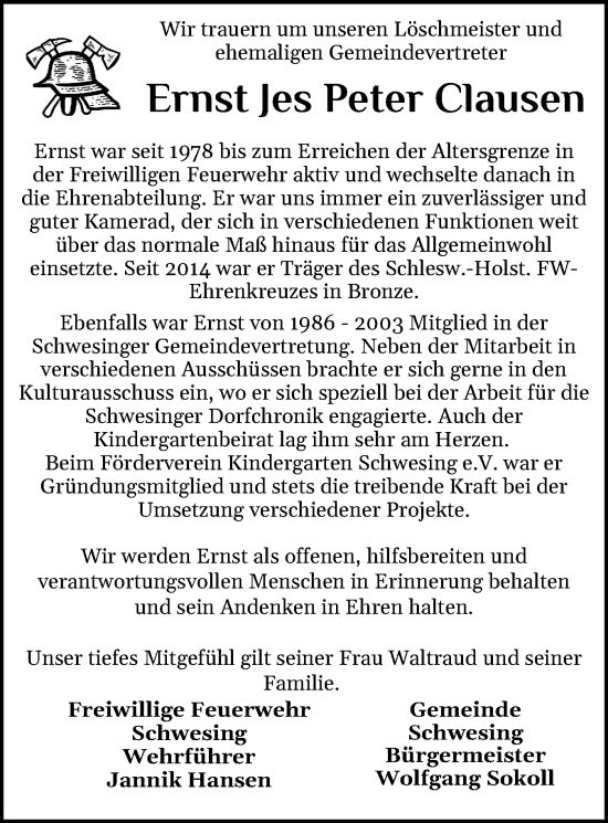 Traueranzeige von Ernst Jes Peter Clausen von Husumer Nachrichten, Nordfriesland Tageblatt