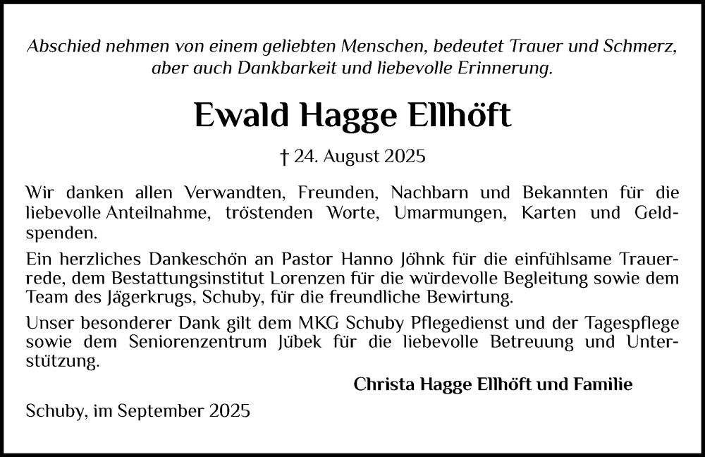  Traueranzeige für Ewald Hagge Ellhöft vom 27.09.2025 aus Schleswiger Nachrichten, Schlei-Bote