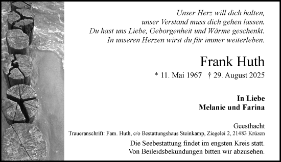 Traueranzeige von Frank Huth von Wochenend Anzeiger