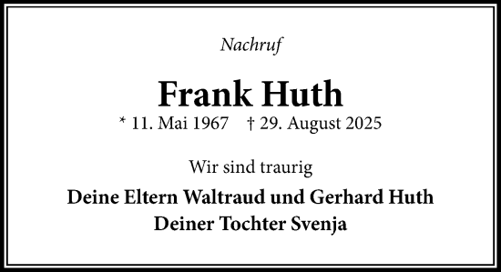 Traueranzeige von Frank Huth von Wochenend Anzeiger