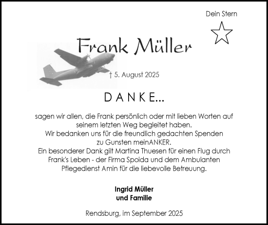 Traueranzeige von Frank Müller von Schleswig-Holsteinische Landeszeitung