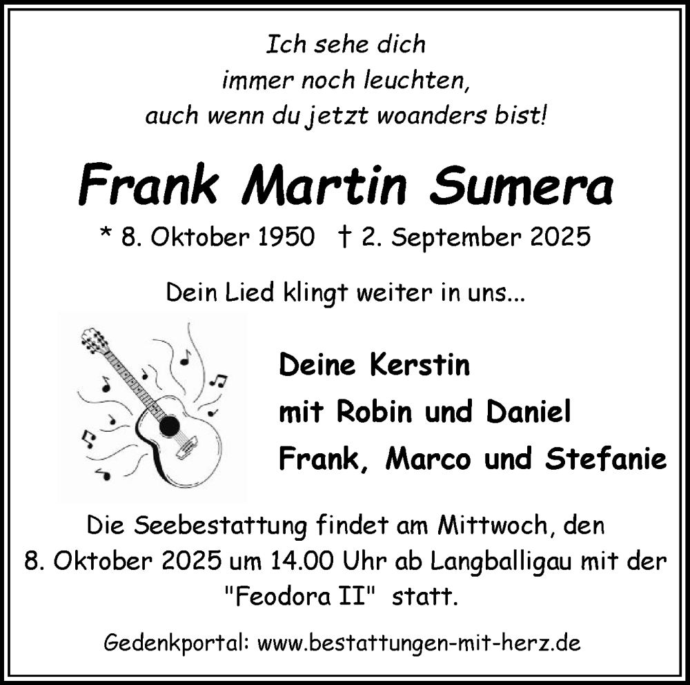  Traueranzeige für Frank Martin Sumera vom 20.09.2025 aus Flensburger Tageblatt