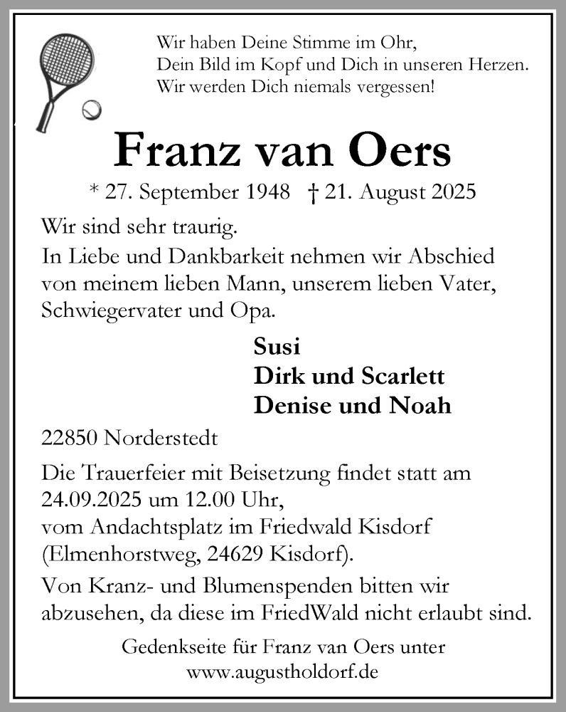  Traueranzeige für Franz van Oers vom 13.09.2025 aus Heimatspiegel