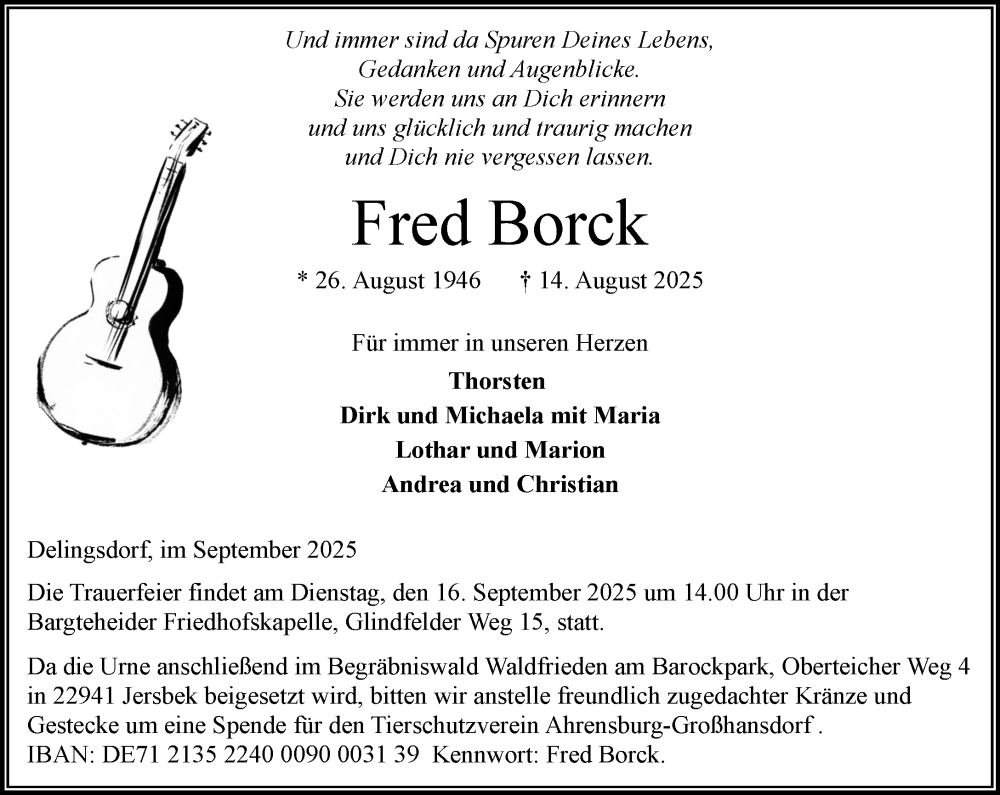  Traueranzeige für Fred Borck vom 06.09.2025 aus MARKT Ahrensburg/Bargteheide/Trittau und Stormarner Tageblatt