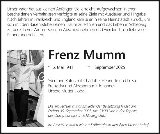 Traueranzeige von Frenz Mumm von Schleswiger Nachrichten, Schlei-Bote