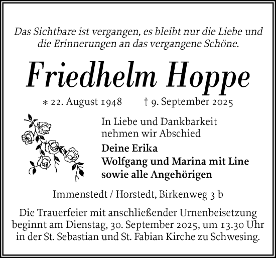 Traueranzeige von Friedhelm Hoppe von Husumer Nachrichten, Nordfriesland Tageblatt