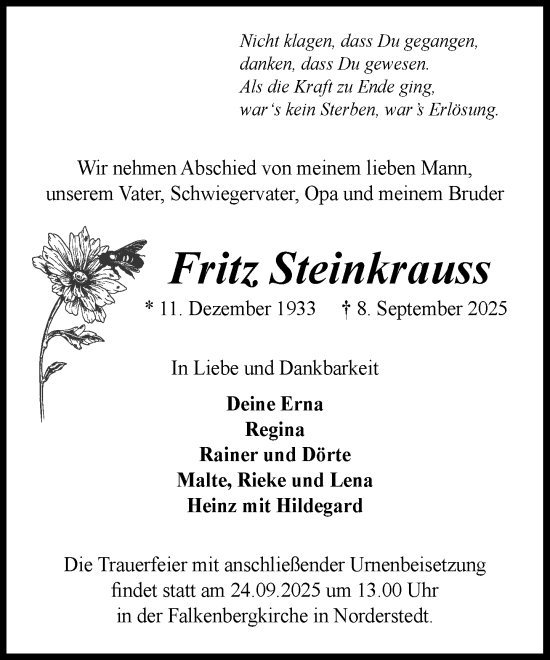 Traueranzeige von Fritz Steinkrauss von Heimatspiegel