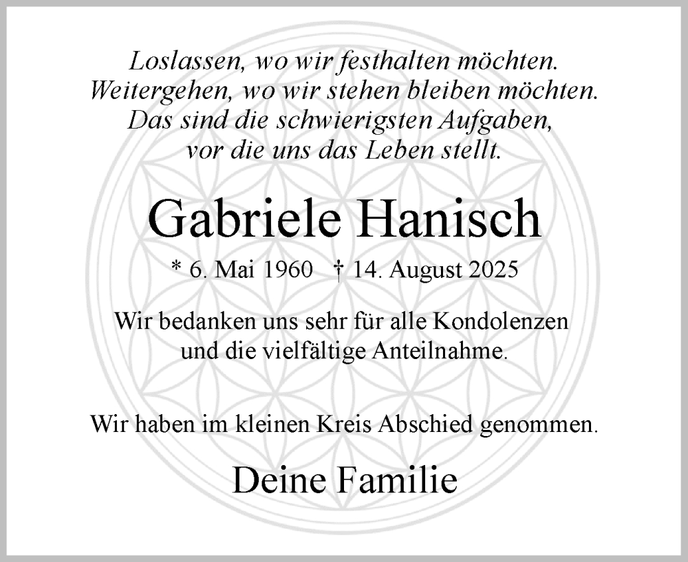  Traueranzeige für Gabriele Hanisch vom 06.09.2025 aus Uetersener Nachrichten, Der tip am Wochenende