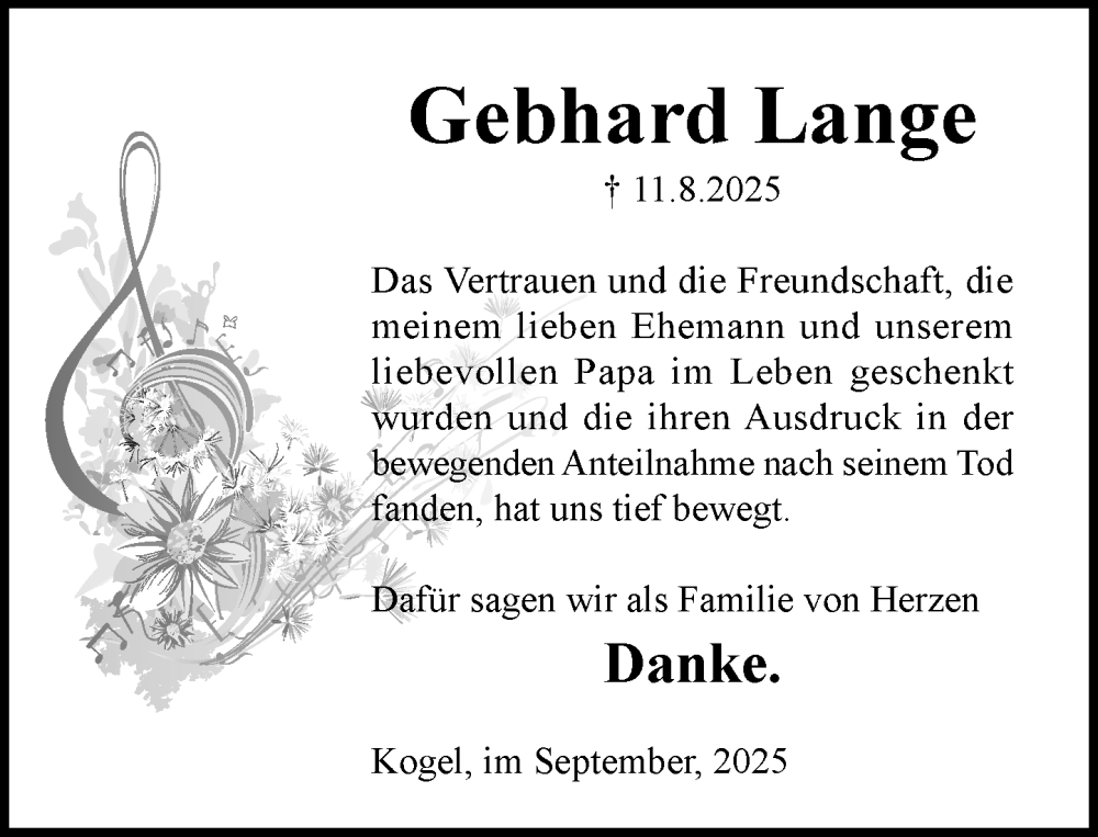  Traueranzeige für Gebhard Lange vom 20.09.2025 aus MARKT Ratzeburg/Mölln