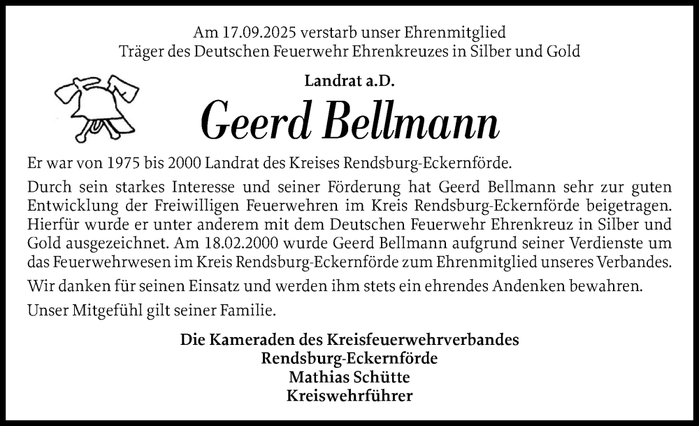  Traueranzeige für Geerd Bellmann vom 01.10.2025 aus Eckernförder Zeitung