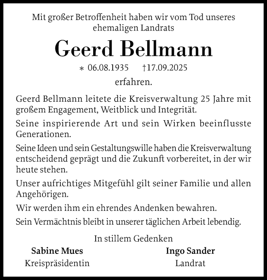 Traueranzeige von Geerd Bellmann von Schleswig-Holsteinische Landeszeitung