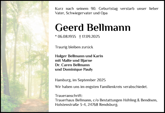 Traueranzeige von Geerd Bellmann von Eckernförder Zeitung, Hallo Eckernförde