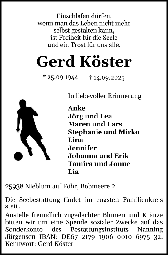 Traueranzeige von Gerd Köster von Der Insel-Bote