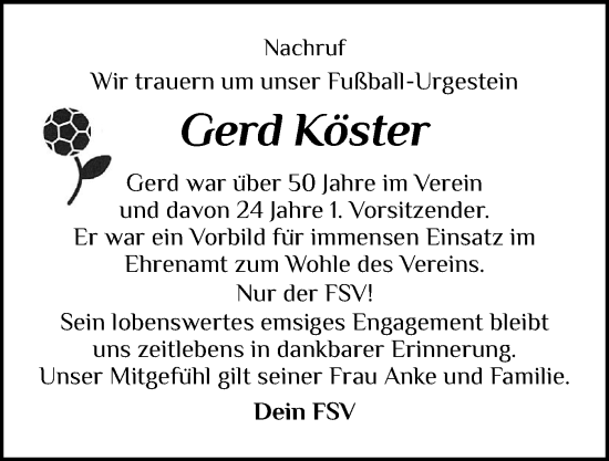 Traueranzeige von Gerd Köster von Der Insel-Bote