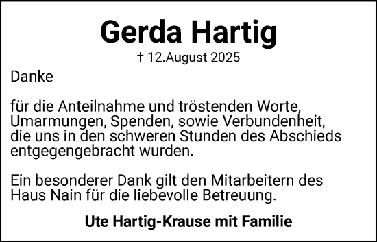 Traueranzeige von Gerda Hartig von Schleswiger Nachrichten, Schlei-Bote
