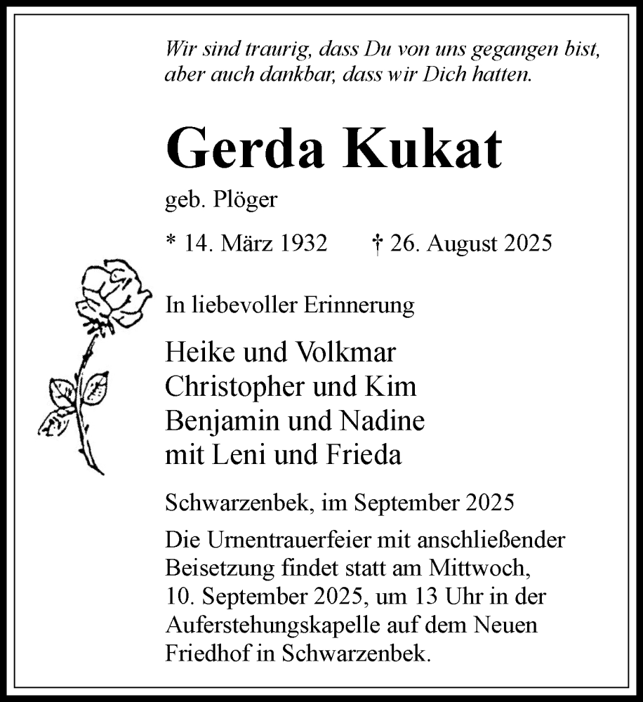  Traueranzeige für Gerda Kukat vom 06.09.2025 aus Wochenend Anzeiger