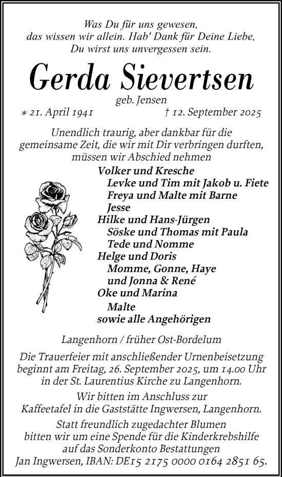 Traueranzeige von Gerda Sievertsen von Husumer Nachrichten, Nordfriesland Tageblatt