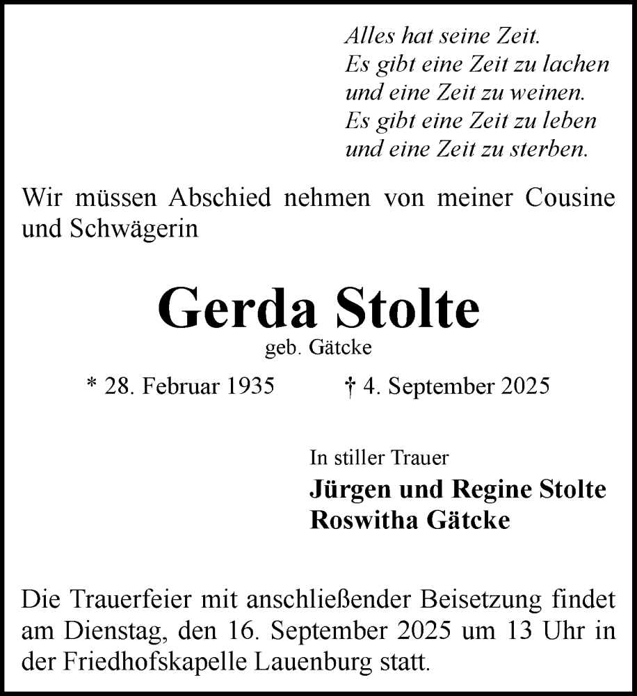  Traueranzeige für Gerda Stolte vom 13.09.2025 aus Wochenend Anzeiger