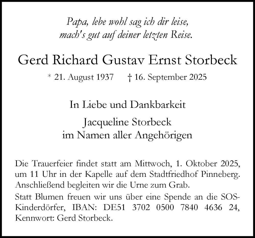  Traueranzeige für Gerd Richard Gustav Ernst Storbeck vom 27.09.2025 aus Region Pinneberg und tip Pinneberg
