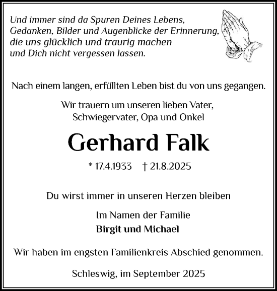 Traueranzeige von Gerhard Falk von Schleswiger Nachrichten, Schlei-Bote