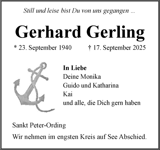 Traueranzeige von Gerhard Gerling von Husumer Nachrichten, Nordfriesland Tageblatt