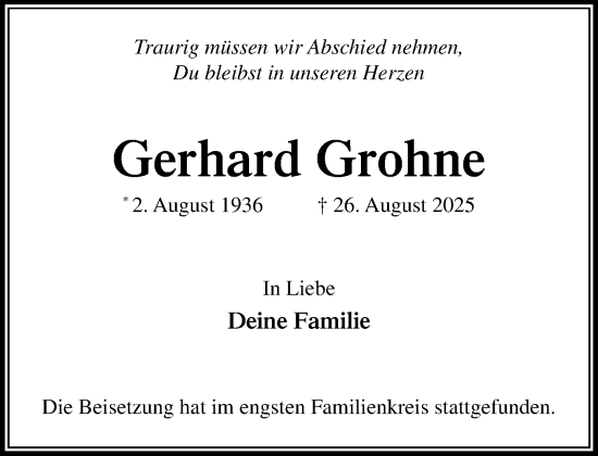 Traueranzeige von Gerhard Grohne von MARKT Glinde/Reinbek