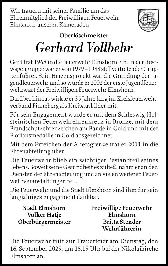 Traueranzeige von Gerhard Vollbehr von Elmshorner Nachrichten, Barmstedter Zeitung