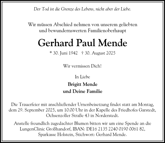 Traueranzeige von Gerhard Paul Mende von Heimatspiegel