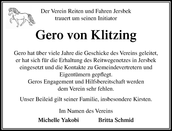 Traueranzeige von Gero von Klitzing von MARKT Ahrensburg/Bargteheide/Trittau und Stormarner Tageblatt