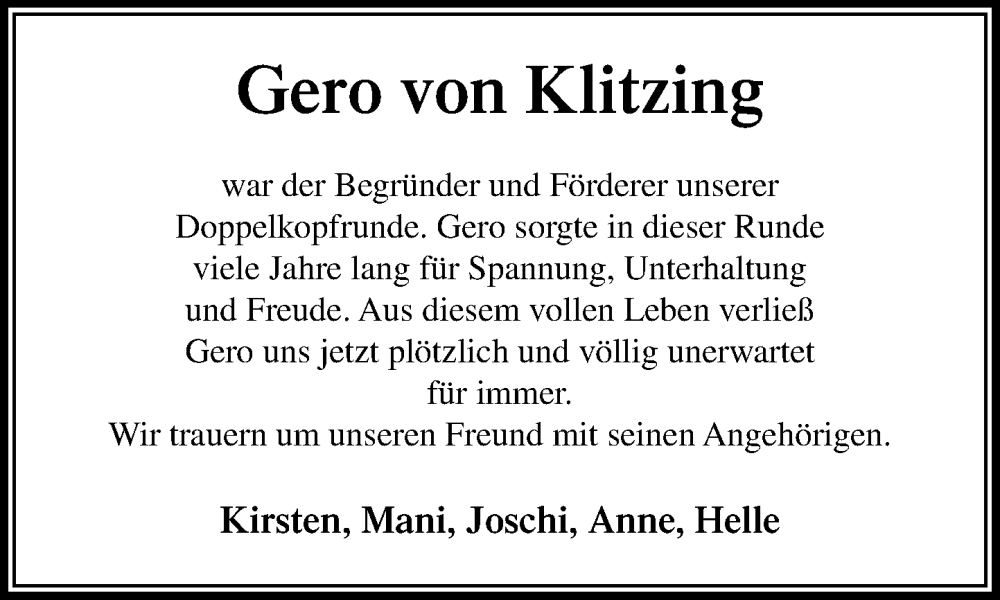  Traueranzeige für Gero von Klitzing vom 20.09.2025 aus MARKT Ahrensburg/Bargteheide/Trittau und Stormarner Tageblatt