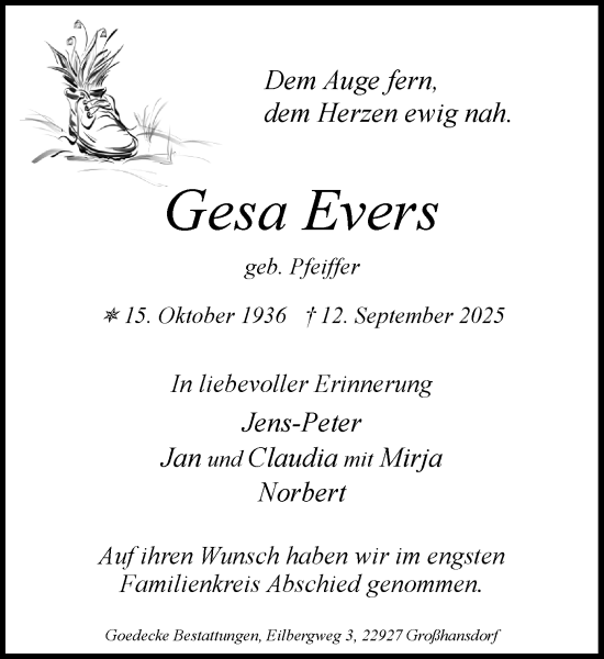 Traueranzeige von Gesa Evers von MARKT Ahrensburg/Bargteheide/Trittau und Stormarner Tageblatt