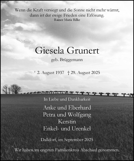 Traueranzeige von Giesela Grunert von Wochenend Anzeiger