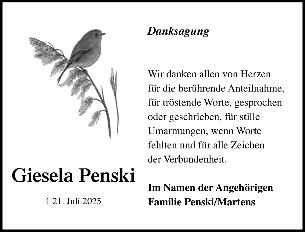  Traueranzeige für Giesela Penski vom 20.09.2025 aus MARKT Ratzeburg/Mölln