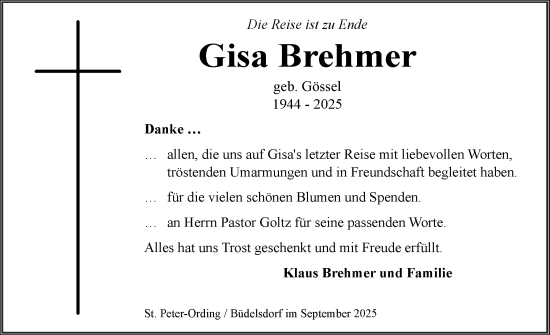 Traueranzeige von Gisa Brehmer von Husumer Nachrichten, Nordfriesland Tageblatt