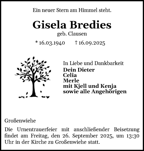 Traueranzeige von Gisela Bredies von Flensburger Tageblatt