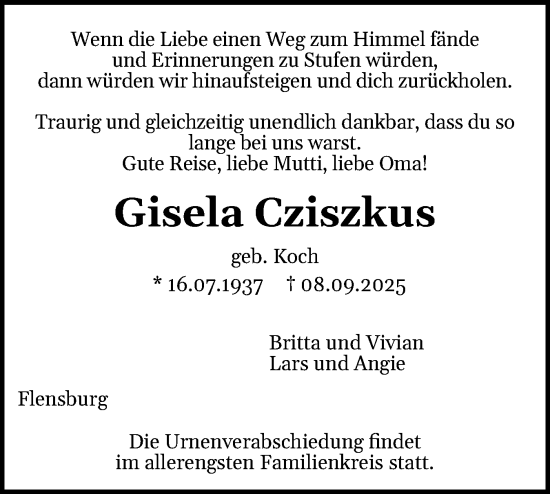Traueranzeige von Gisela Cziszkus von Flensburger Tageblatt