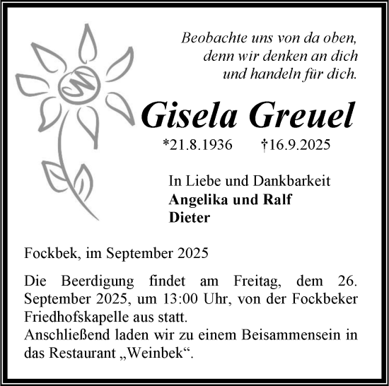 Traueranzeige von Gisela Greuel von Schleswig-Holsteinische Landeszeitung