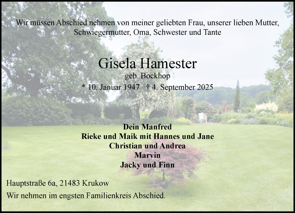  Traueranzeige für Gisela Hamester vom 13.09.2025 aus Wochenend Anzeiger