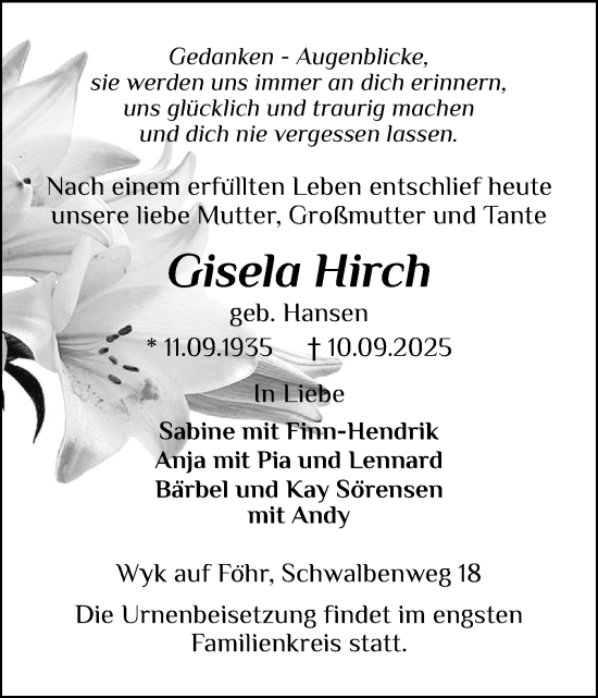 Traueranzeige von Gisela Hirch von Der Insel-Bote