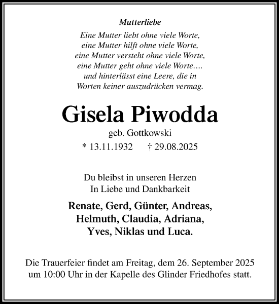 Traueranzeige von Gisela Piwodda von MARKT Glinde/Reinbek