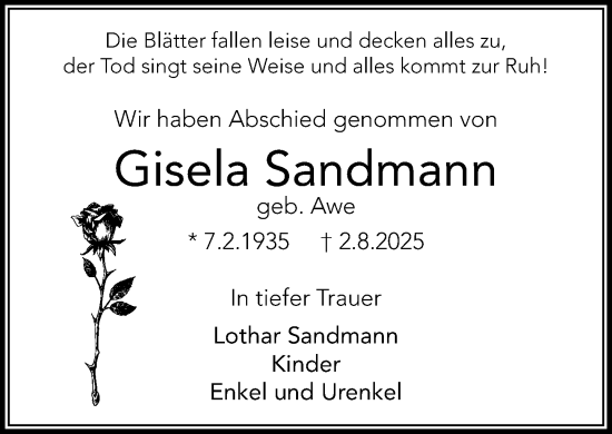 Traueranzeige von Gisela Sandmann von MARKT Ratzeburg/Mölln