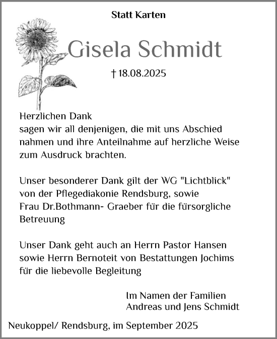 Traueranzeige von Gisela Schmidt von Schleswig-Holsteinische Landeszeitung
