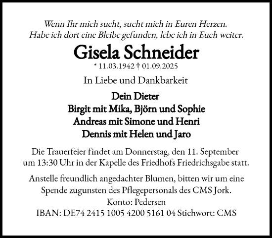 Traueranzeige von Gisela Schneider von Heimatspiegel