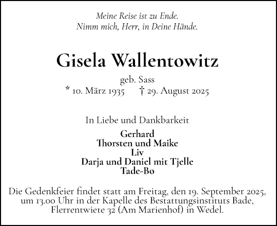 Traueranzeige von Gisela Wallentowitz von Wedel-Schulauer Tageblatt, tip Wedel-Schulauer Tageblatt, tip Rissener Rundschau
